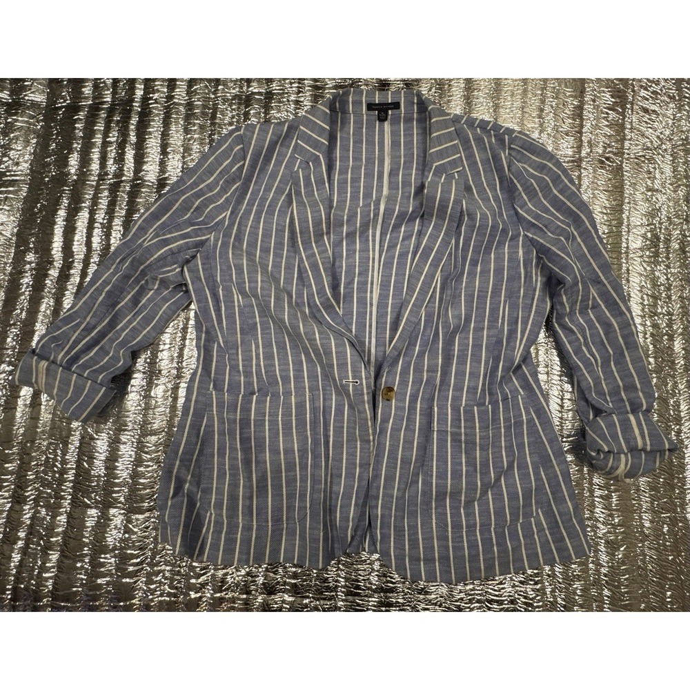 Tommy Hilfiger Women's XL Blue White Stripe Linen Blend One Button Blazer